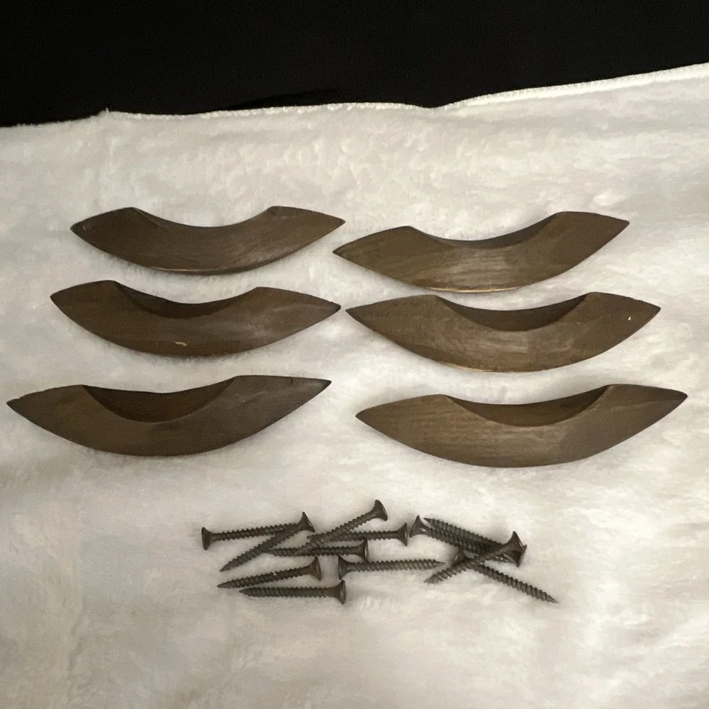 6 Mid-century Modern Style Carved Wood Drawer Pulls Bow Handles Screws Set Of 6